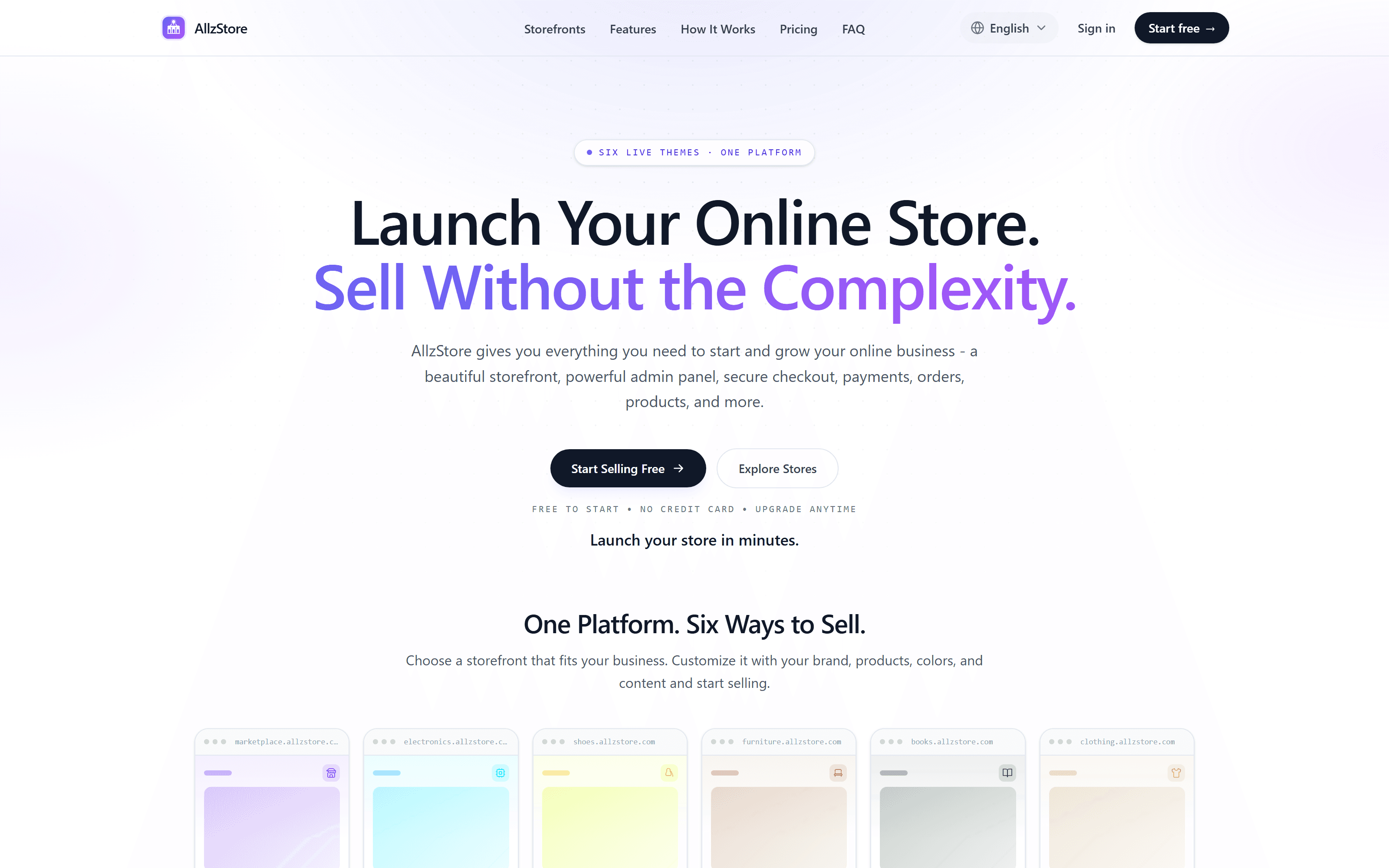 AllzStore homepage showing the headline “Launch Your Online Store. Sell Without the Complexity.” and the six storefront theme previews below it.