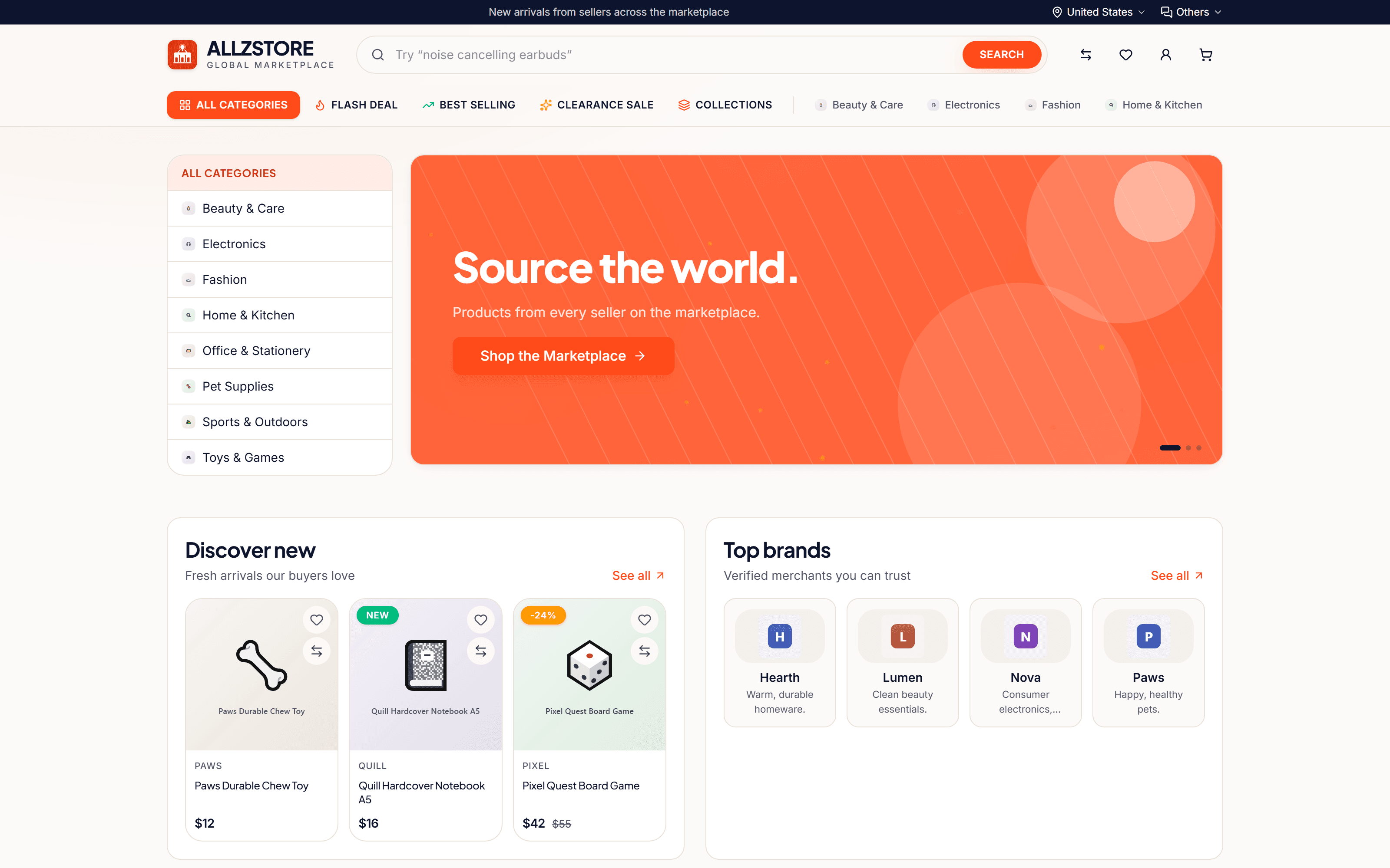 The Marketplace storefront theme on AllzStore, showing category navigation, a hero banner, and product listings with prices.