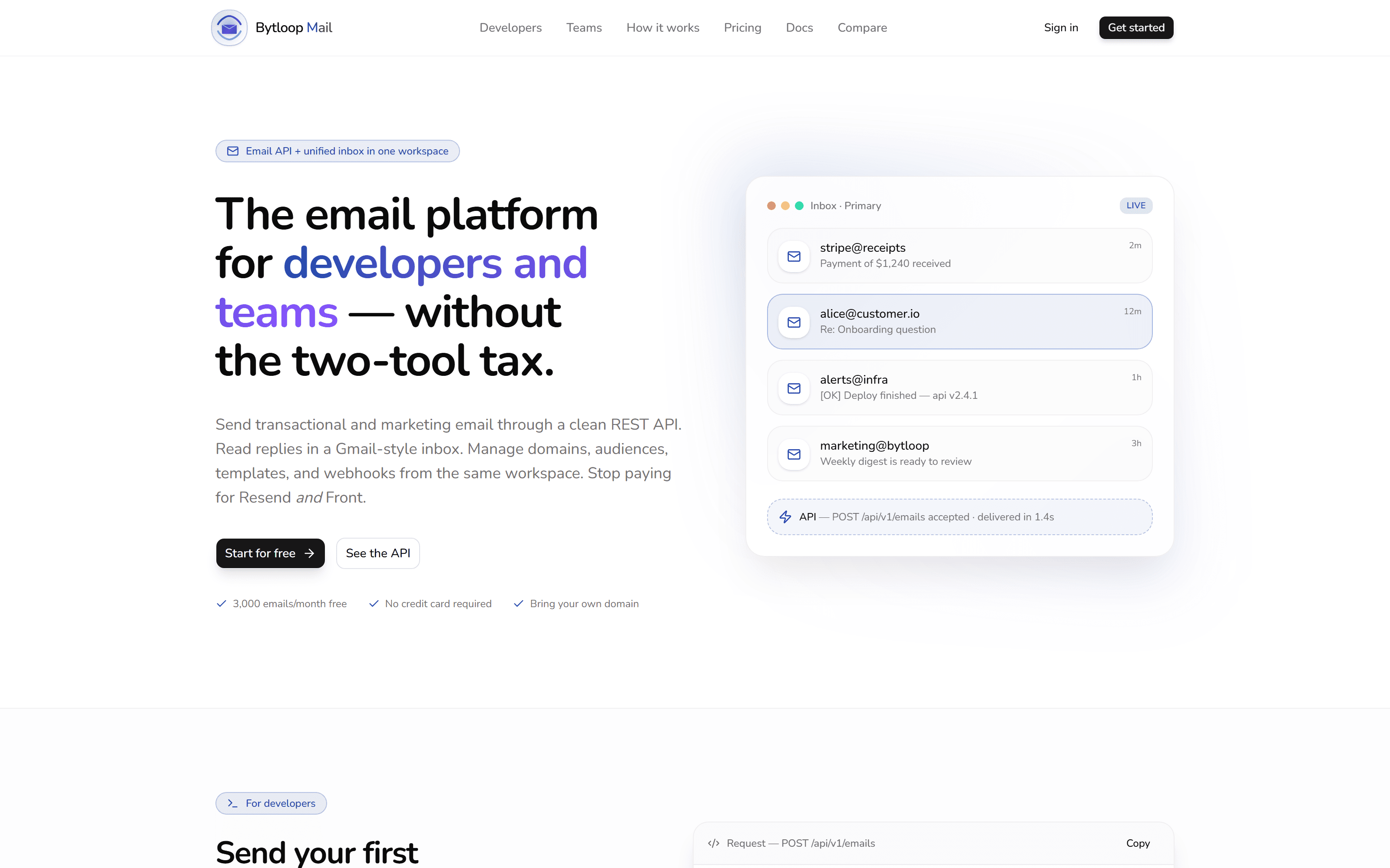 Bytloop Mail homepage showing the headline “The email platform for developers and teams — without the two-tool tax” next to a live inbox preview.