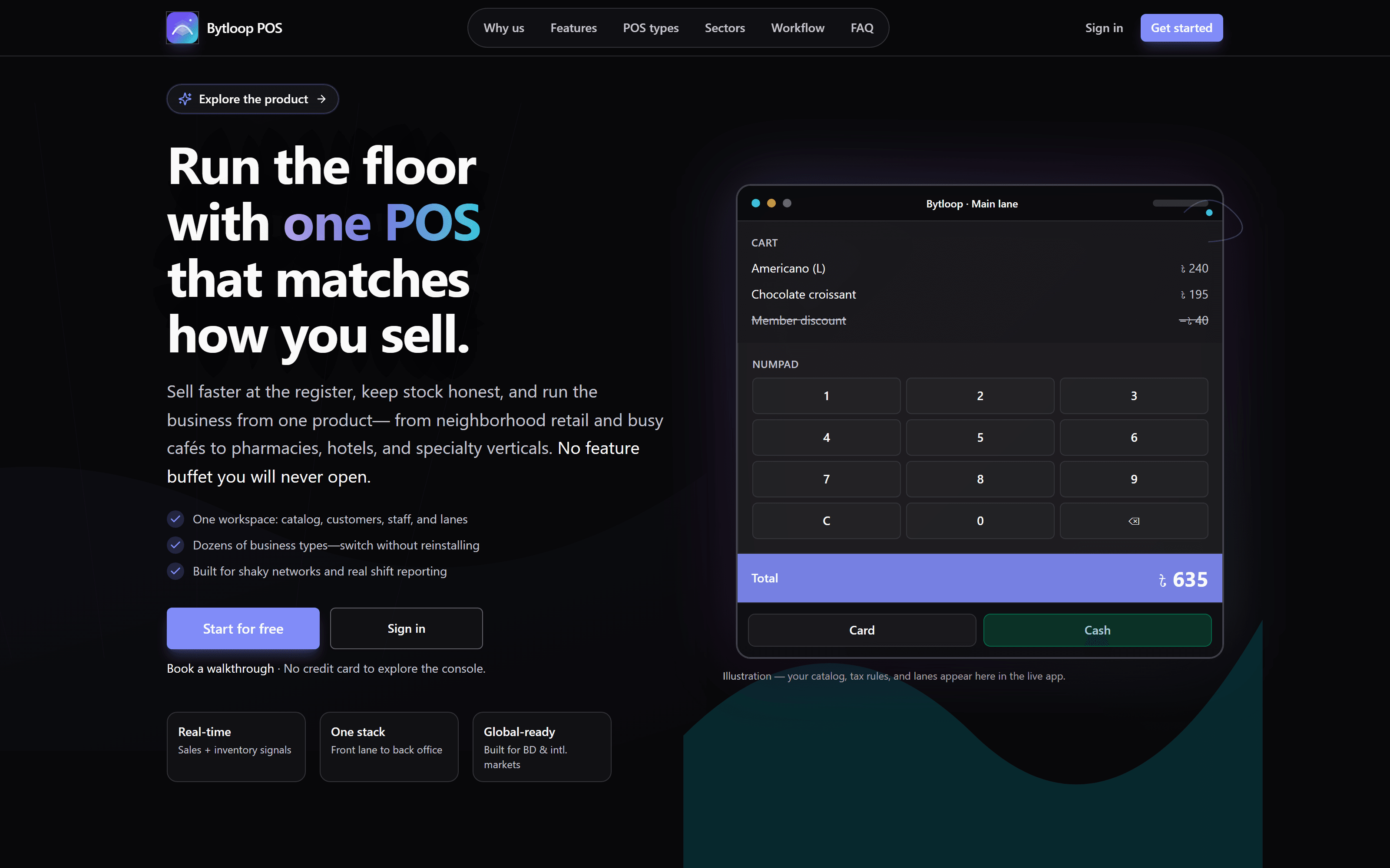 Bytloop POS homepage with the headline “Run the floor with one POS that matches how you sell” next to a live checkout lane showing a cart, numpad, and total.