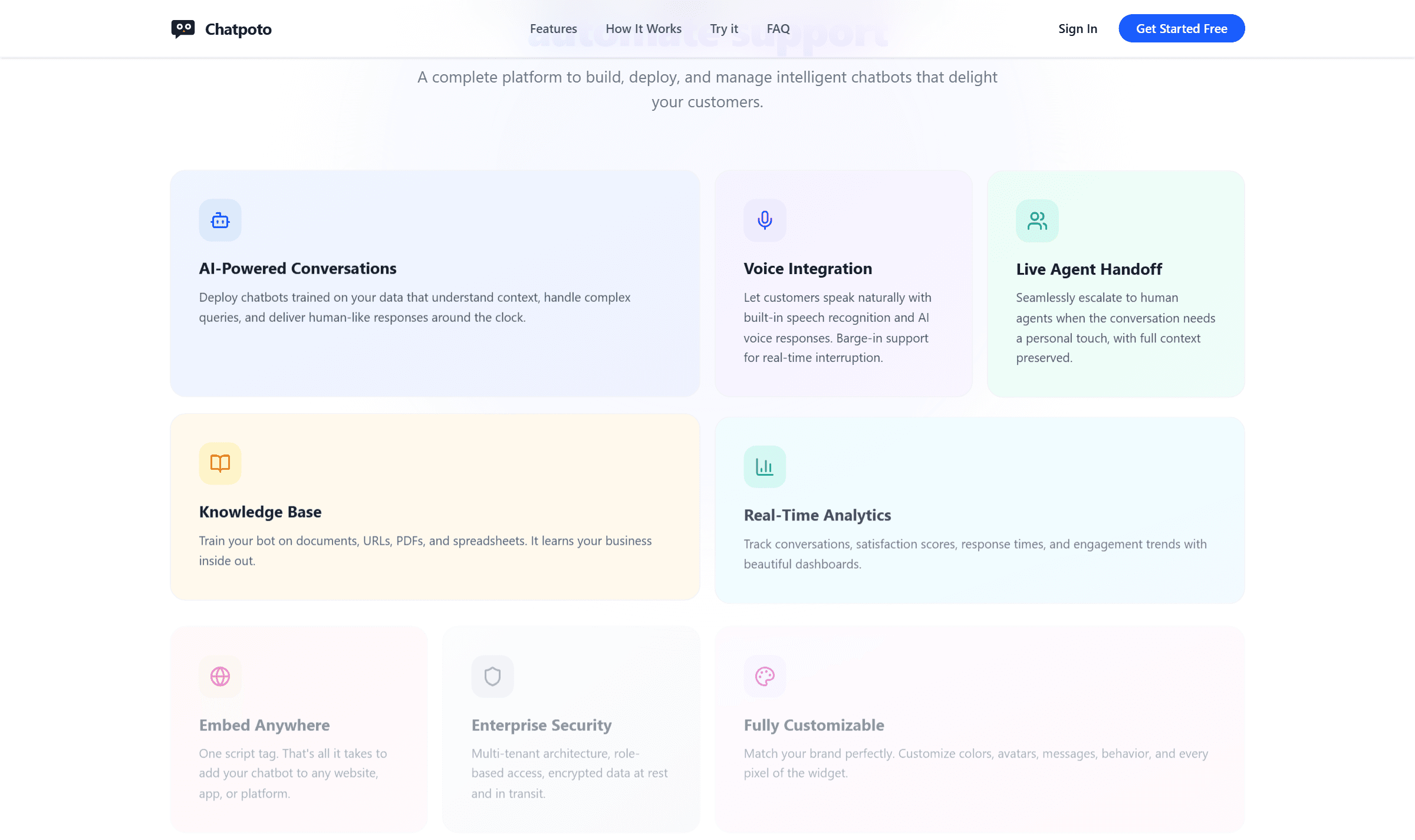 Chatpoto feature cards: AI-Powered Conversations, Voice Integration, Live Agent Handoff, Knowledge Base, Real-Time Analytics, Embed Anywhere, Enterprise Security, and Fully Customizable.