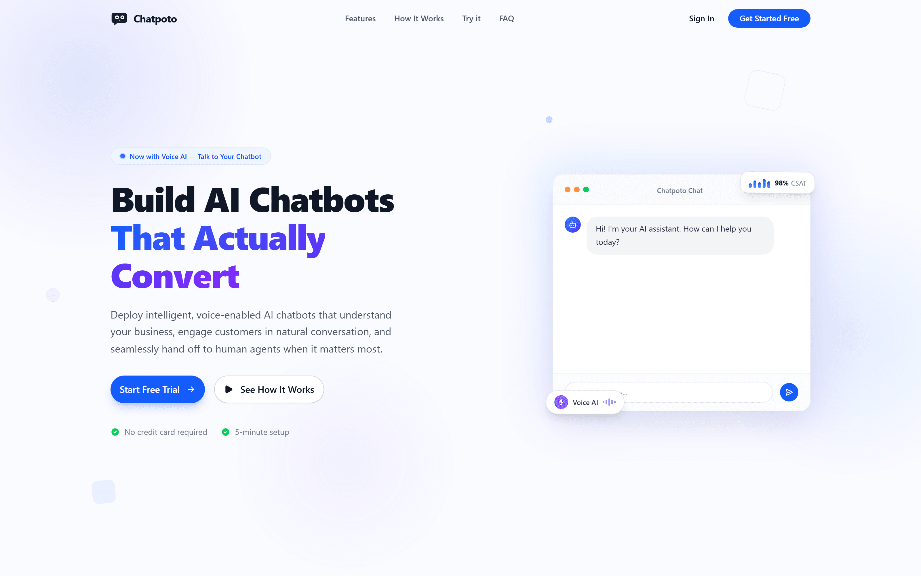 Chatpoto homepage with the headline “Build AI Chatbots That Actually Convert” next to a live chat widget showing a 98% CSAT badge and a voice AI toggle.