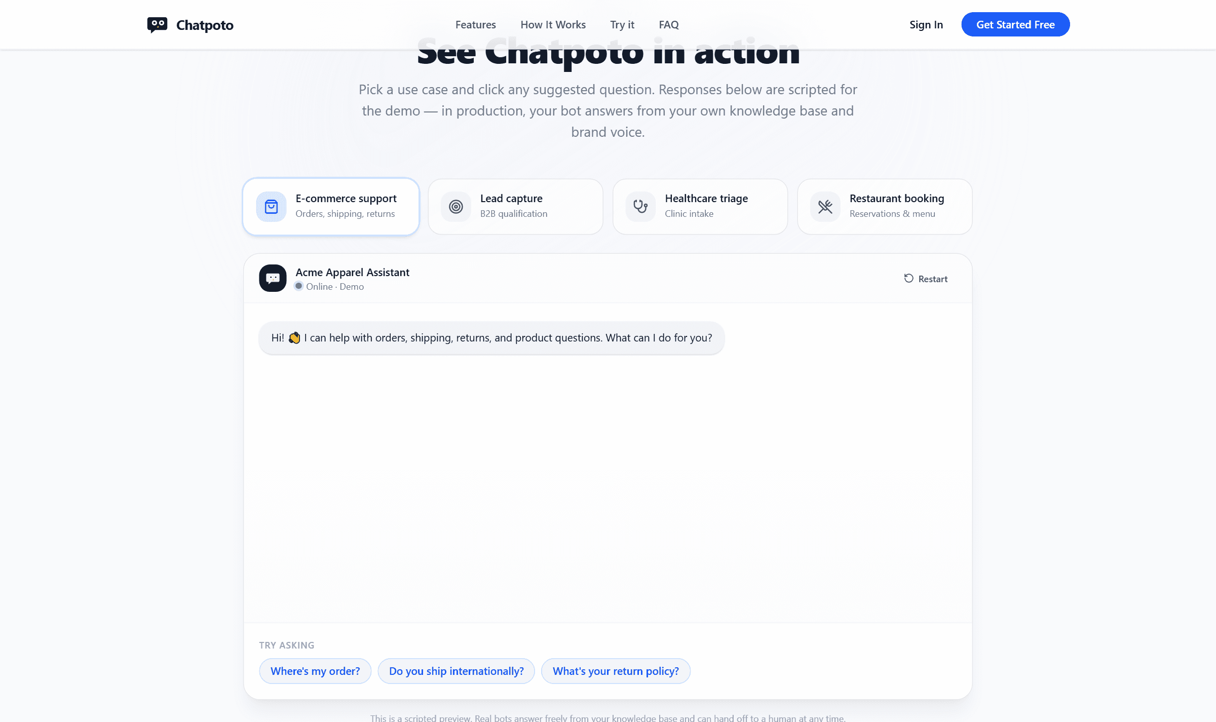 Chatpoto's live demo widget with a use-case picker (E-commerce support, Lead capture, Healthcare triage, Restaurant booking) and a note that responses are scripted for the demo.