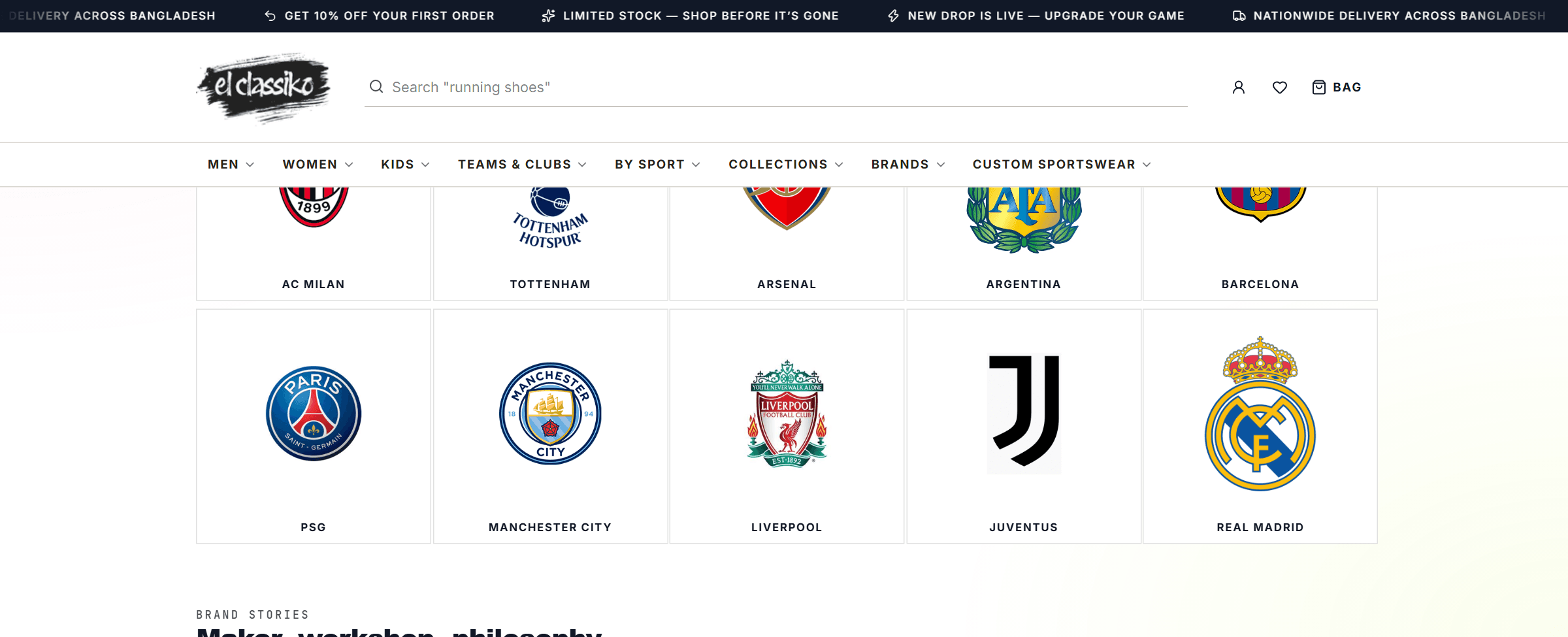 El Classiko's club catalog grid, showing AC Milan, Tottenham, Arsenal, Argentina, Barcelona, PSG, Manchester City, Liverpool, Juventus, and Real Madrid as browsable team pages.