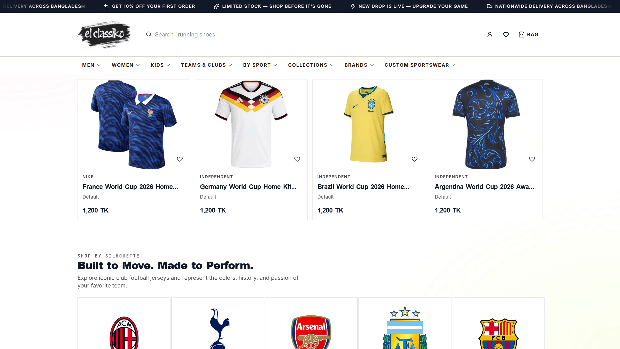 El Classiko's World Cup 2026 jersey drop with France, Germany, Brazil, and Argentina kits priced at 1,200 TK, above the "Built to Move. Made to Perform." club grid section.