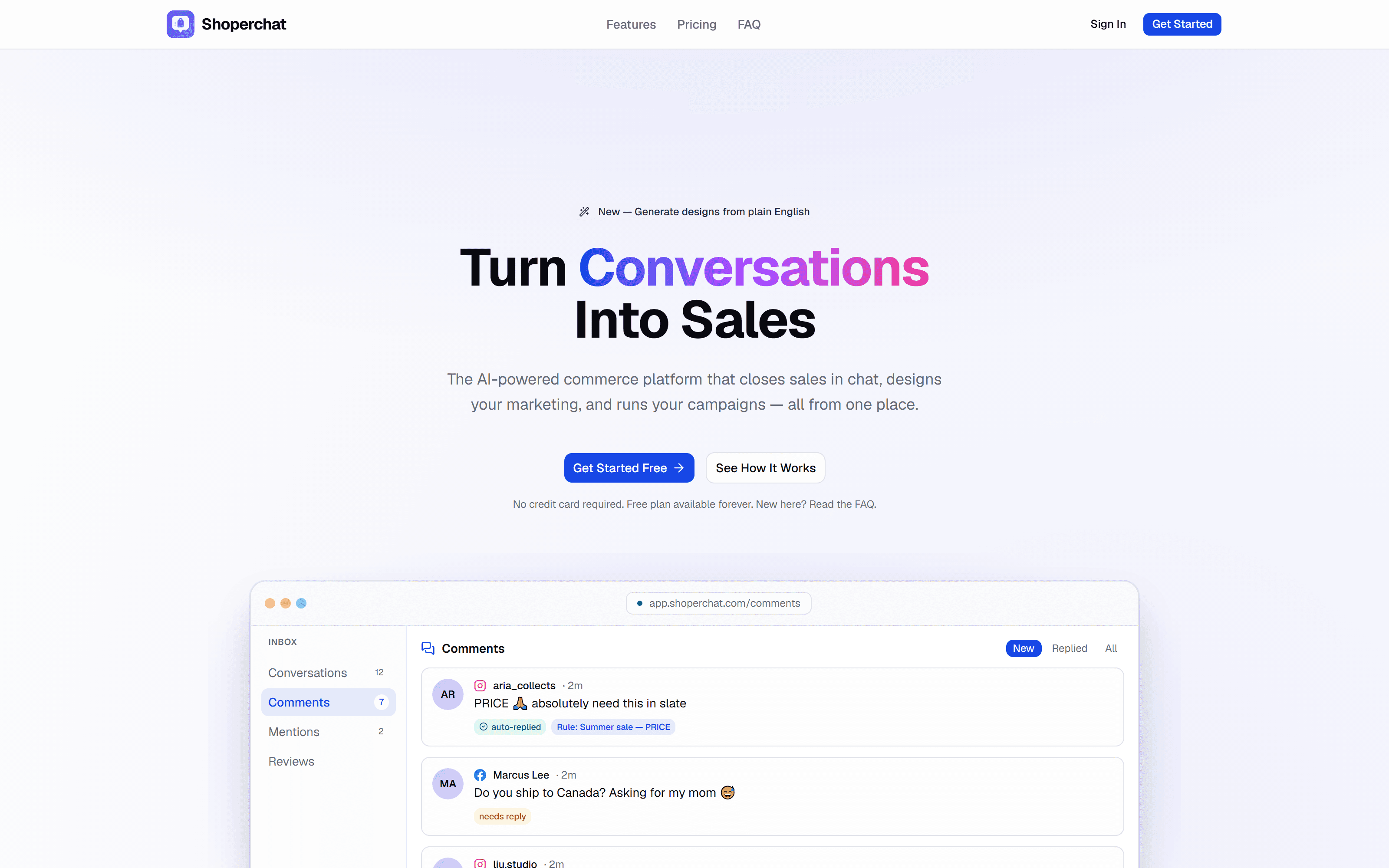 Shoperchat homepage with the headline “Turn Conversations Into Sales” next to a live comment inbox showing Instagram and Facebook messages.