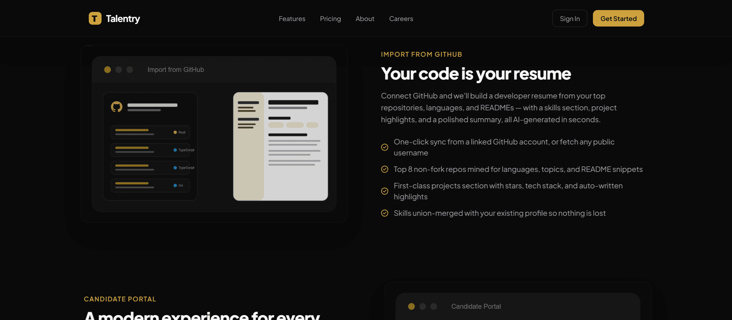 Talentry's GitHub import feature, showing a connected GitHub account being turned into a resume with a skills section and project highlights, described as "Your code is your resume."