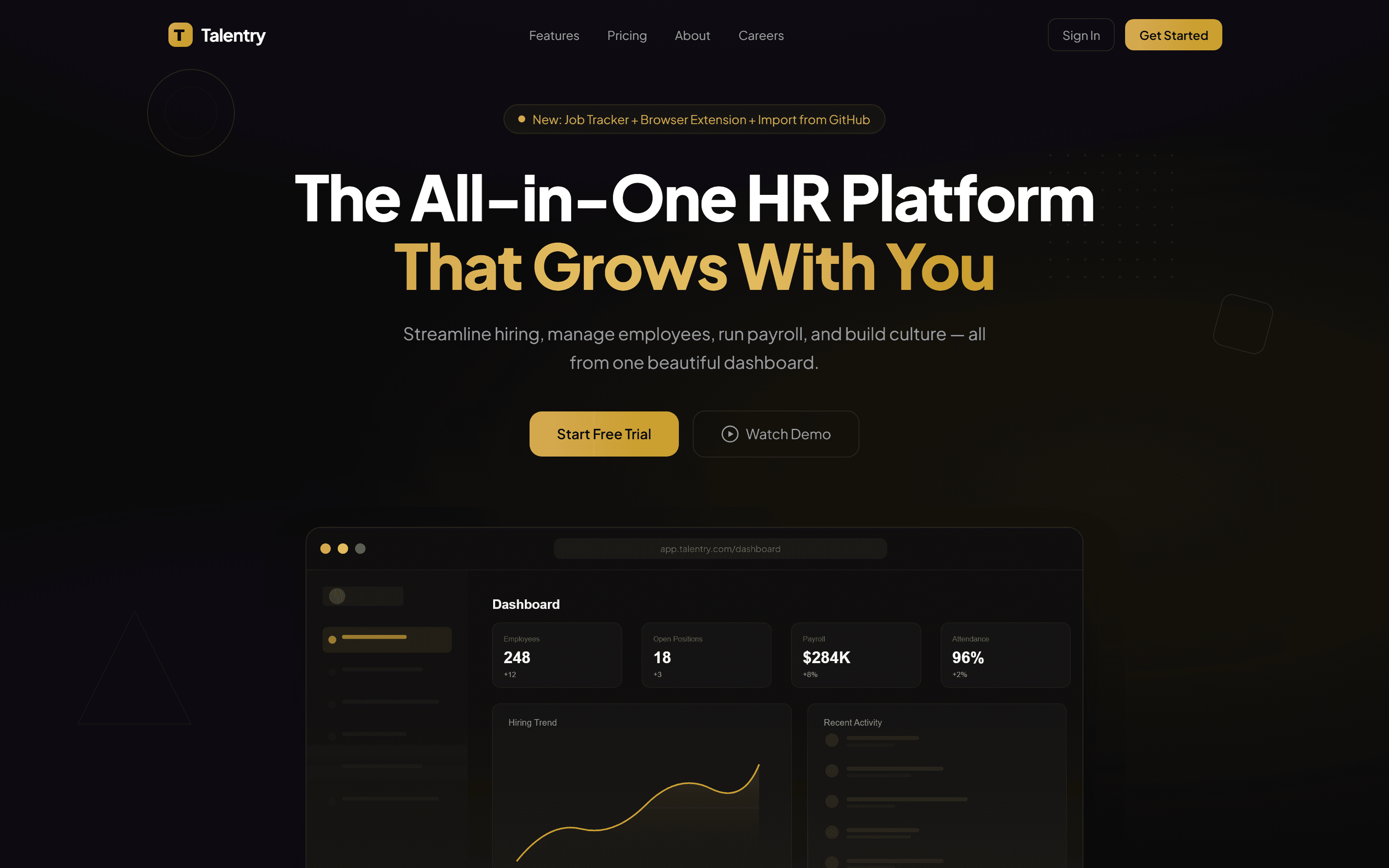 Talentry homepage with the headline “The All-in-One HR Platform That Grows With You” above a dashboard preview showing employee, payroll, and attendance stats.