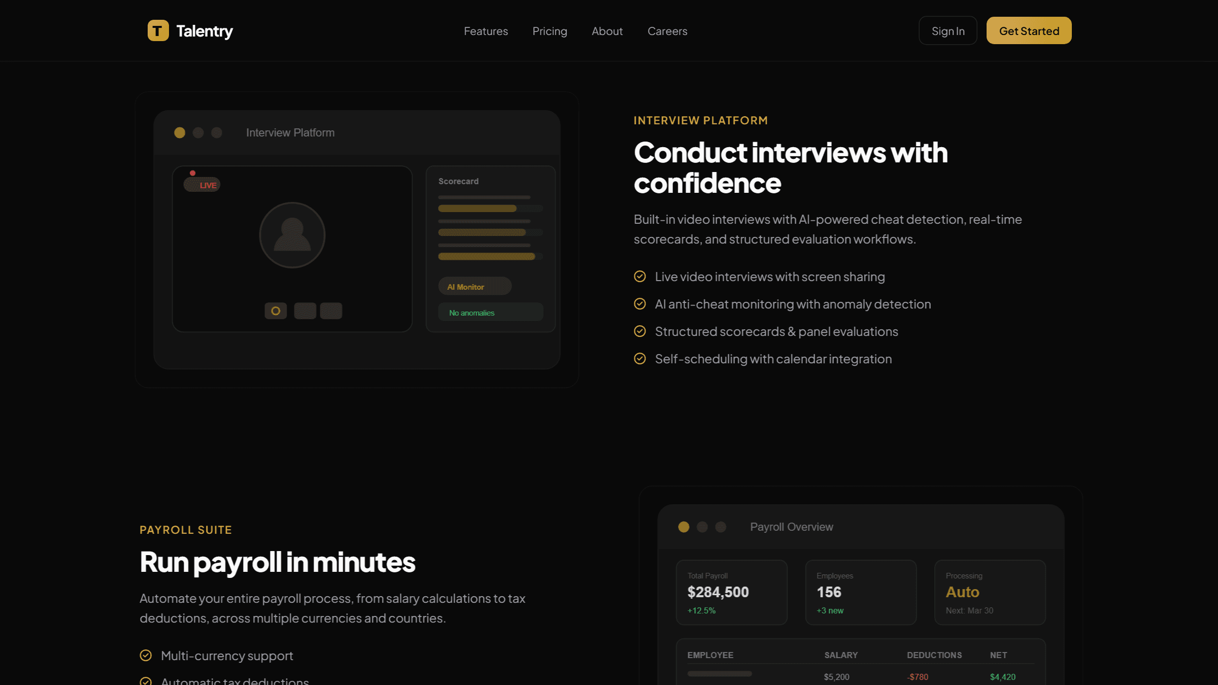 Talentry's interview platform showing a live video interview with AI anomaly monitoring and a scorecard, next to the payroll overview showing total payroll, employee count, and a salary/deductions table.